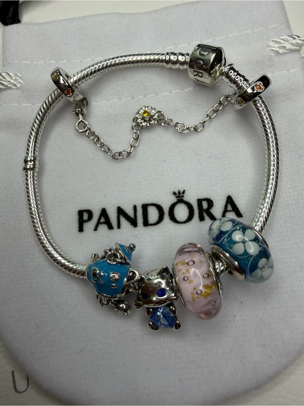 Pandora Silver Charm Bracelet with Blue and Pink Glass Beads
